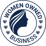 Image with a side view of a woman with words around it in a circle that say WOMEN OWNED BUSINESS
