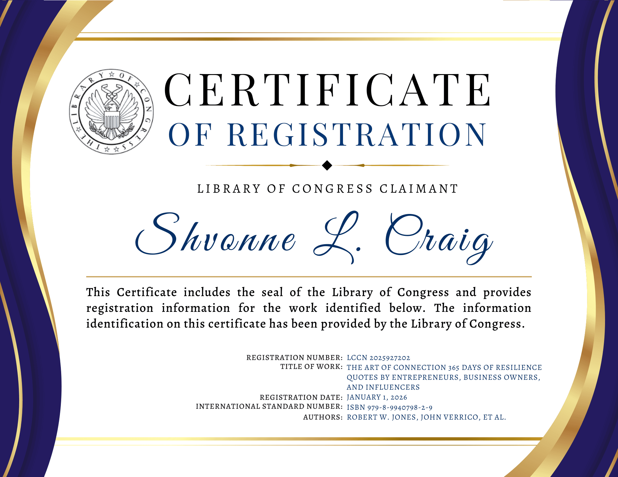 Library of Congress Certificate of Registration for claimant Shvonne L. Craig.